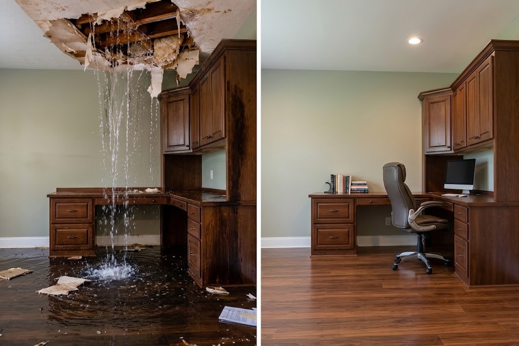 Before and after burst pipe water damage restoration in Houston home study office