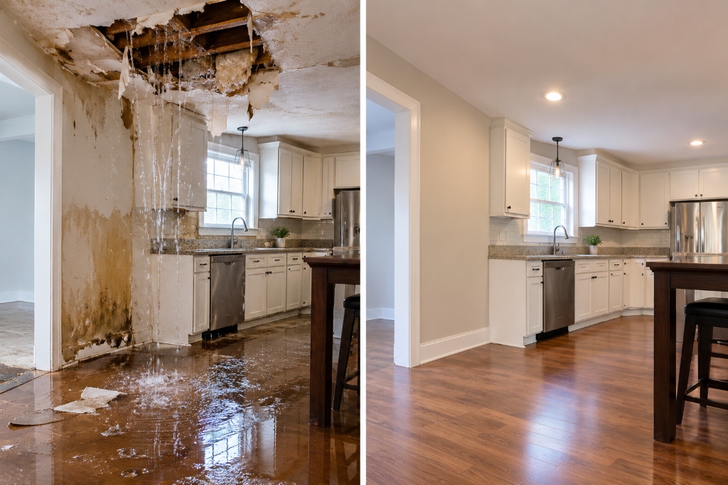 Before and after ceiling water damage restoration and drywall repair in Houston kitchen