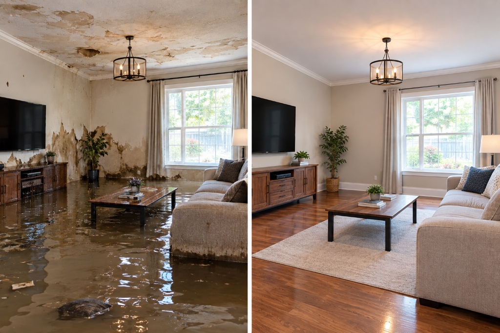 Before and after flood damage cleanup and hardwood floor restoration in Houston living room