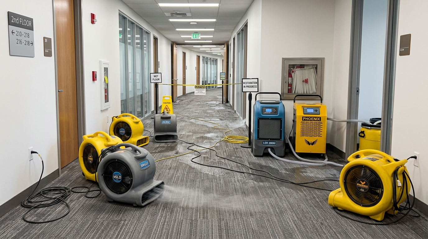 Scaled warehouse dehumidification array drying commercial concrete floors