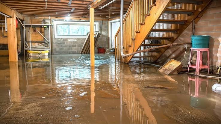 Submerged staircase and deep standing floodwater in a flooded residential basement