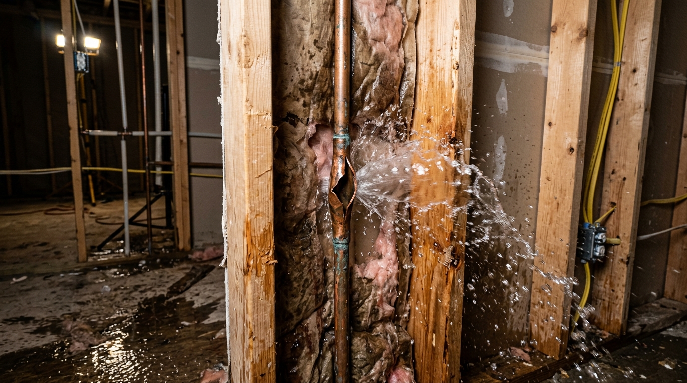 Thermal imaging camera scanning moisture migration inside drywall cavities